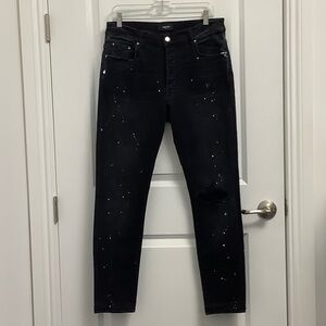 AMIRI Black Paint Splatter Distressed Slim Aged Jeans, Button Fly, Size 34